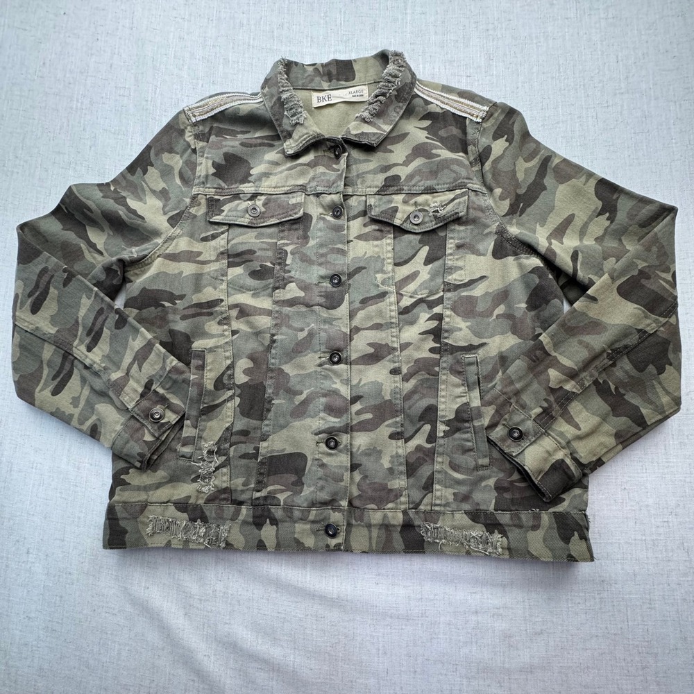 BKE Camo Denim Jacket Womens XL Green Distressed Utility Military Streetwear
